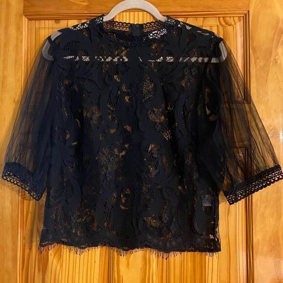 Black lace shirt with see through sleeves and full back zipper - Picture 1 of 3